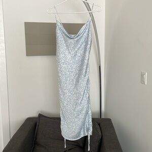 NWT TP/XS Garage cowl neck ruched satin Kentucky Blue Floral Dress